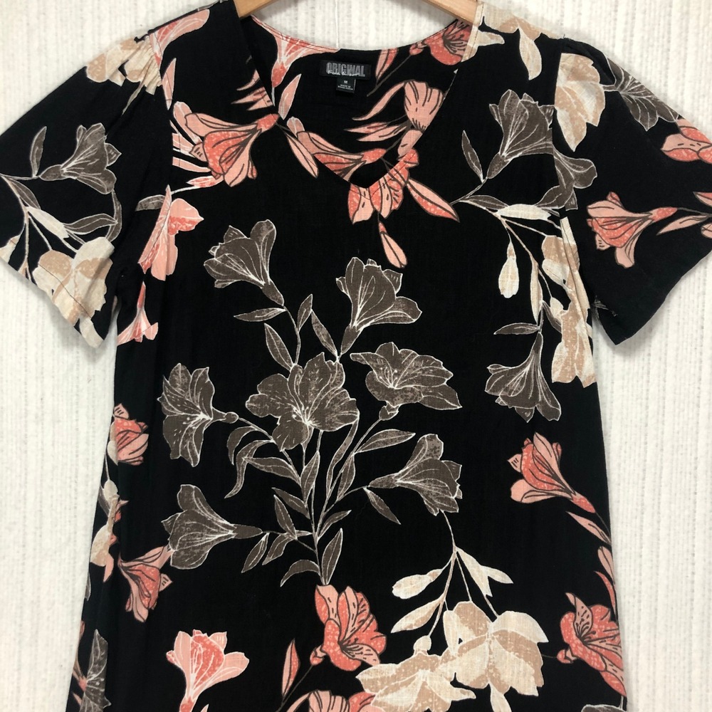 ORIGINAL Black Floral Print Short Sleeve V Neck Shift Dress‎ Women's Size M
